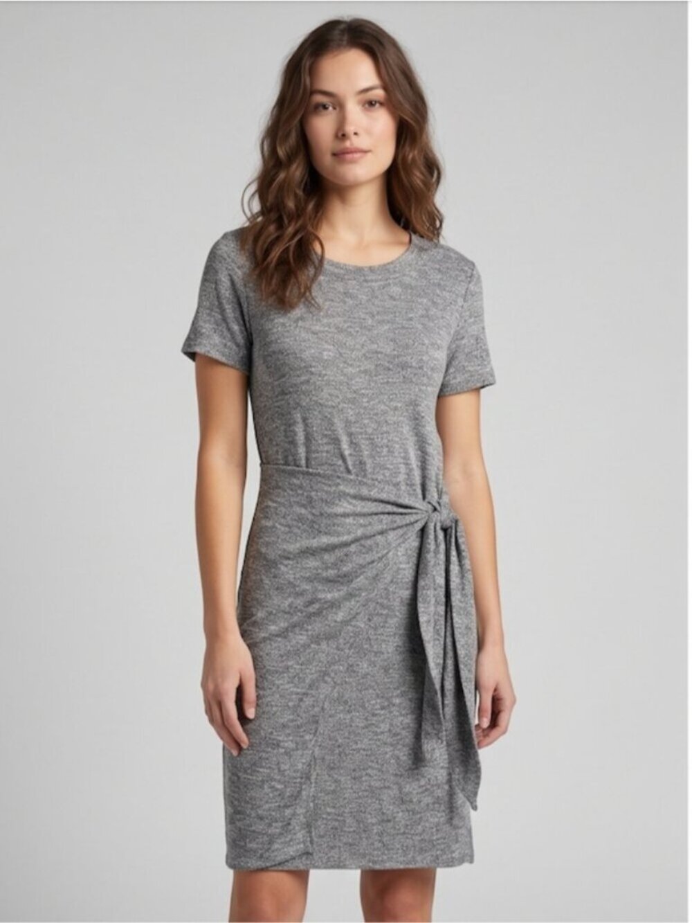 Lucky Brand Ruched Front Tie T-Shirt Dress | Casual Soft Stretch Knit Grey